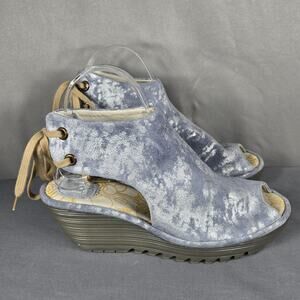 Fly London YAZU Wedge Sandals Womens 38 Blue Suede Peep Toe Lace Up Portugal